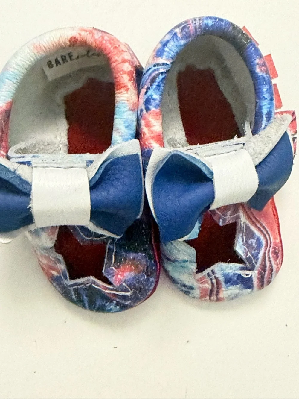 Bare Soles Moccasins Leather Soft Bow Cut Out Stars Metallic Red White Blue 1